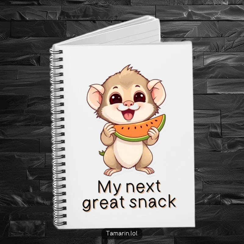 Funny Notebook with an excited tamarin character holding a juicy piece of fruit, ideal for journaling snack ideas.
