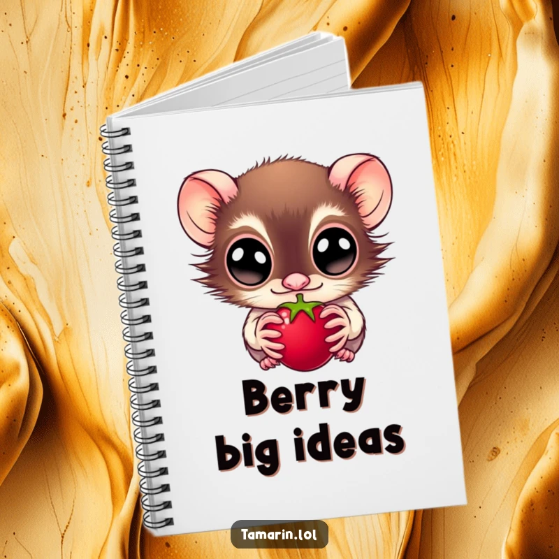 Funny notebook with a wide-eyed tamarin looking at a juicy berry, ready for notes and sketches, a perfect funny gift for primate fans.