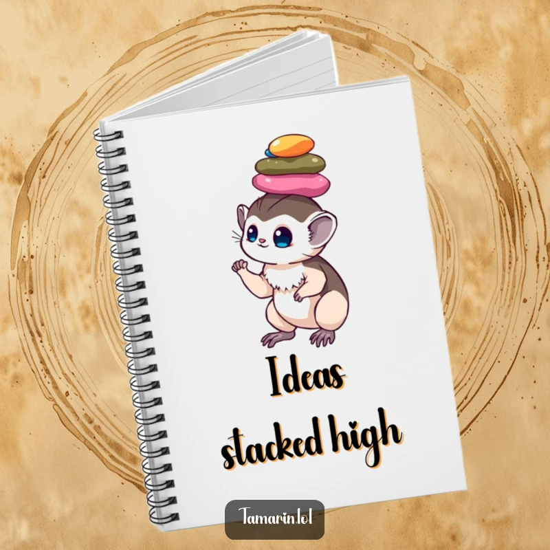 Funny tamarin notebook: a journal cover featuring a focused monkey expertly balancing colorful pebbles, perfect for jotting down thoughts with style.