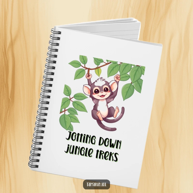 Funny Notebook with a cute tamarin character swinging from a vine, ideal for journaling jungle adventures.