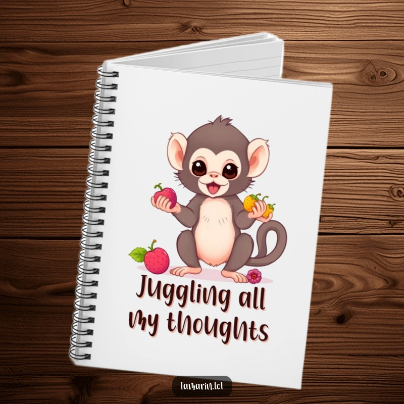 Funny tamarin monkey notebook featuring a cute primate juggling berries, perfect for jotting down notes with a cheerful vibe.