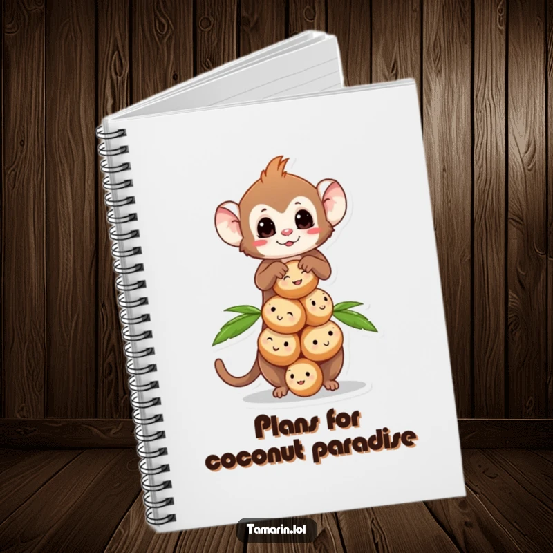 Funny Tamarin Coconut Balance Notebook with a tamarin monkey balancing smiling coconuts, great for notes.
