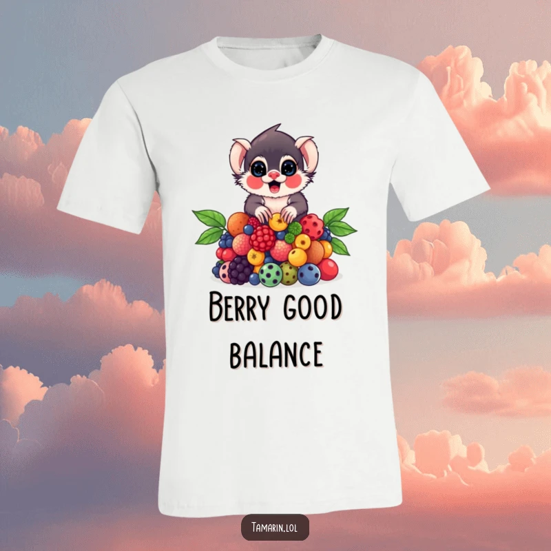 Funny Tamarin T-Shirt showcasing a tamarin expertly balancing a tall stack of vibrant, juicy berries.