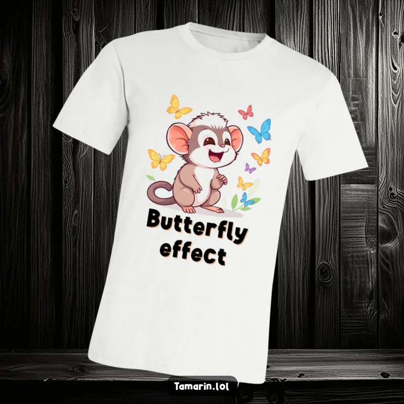 Funny Tamarin T-Shirt featuring character giggling while watching colorful butterflies flutter by, full of joy.