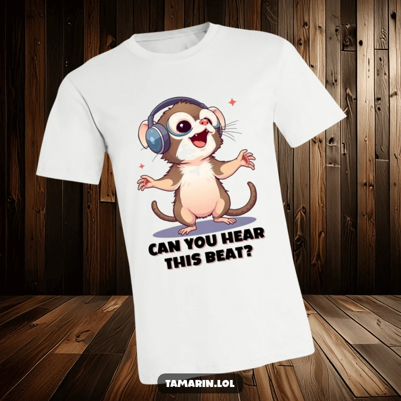 Funny tamarin t-shirt: a happy monkey with oversized headphones fully immersed in dancing, radiating pure joy and musical freedom.