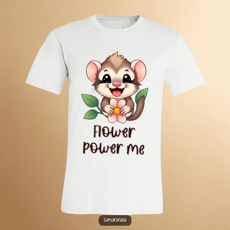 Funny tamarin flower peek t-shirt, a cute tamarin joyfully peeking from behind a bloom, showcasing a happy, curious expression.