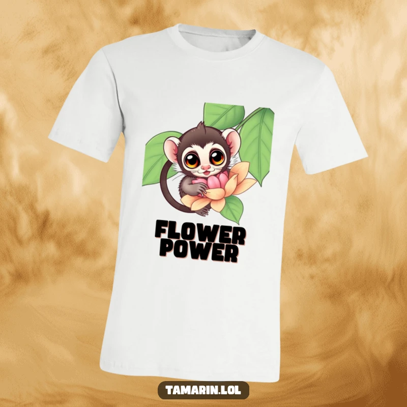 Funny Tamarin T-Shirt showcasing a tamarin with large, inquisitive eyes peeking into a massive, colorful bloom.