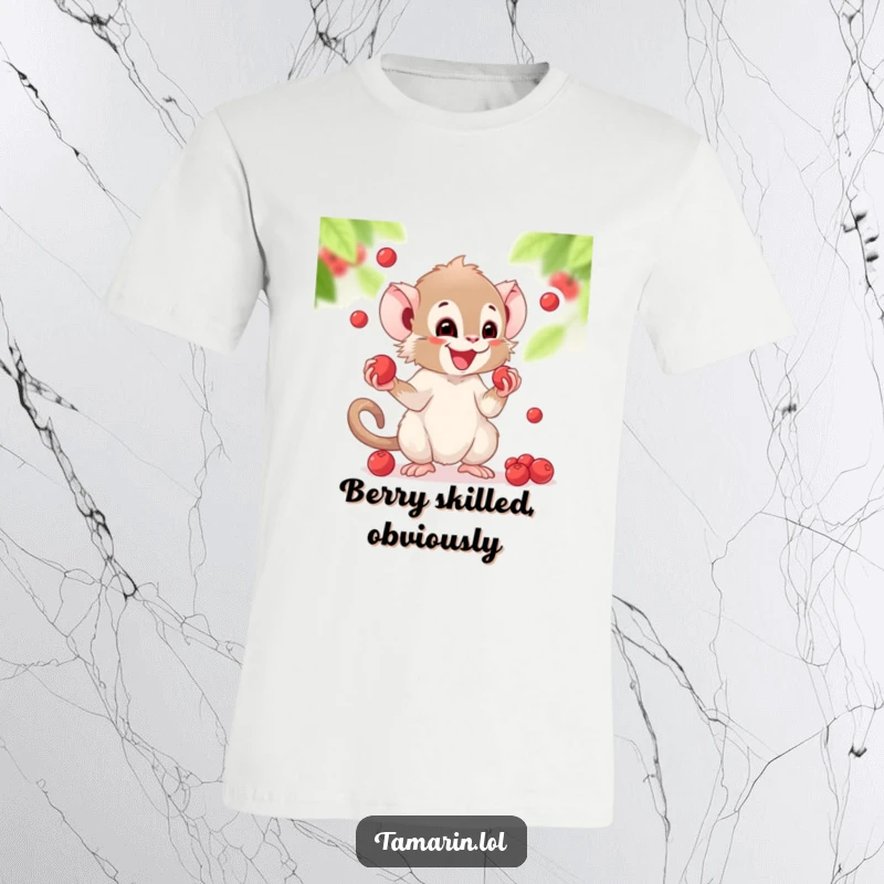 Funny t-shirt featuring a tamarin gleefully juggling several small, round berries with impressive dexterity.