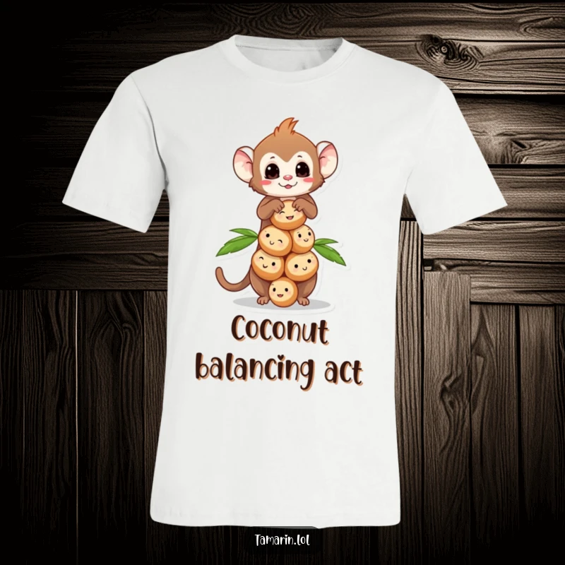 Funny Tamarin Coconut Balance T-Shirt featuring a tamarin monkey balancing a stack of smiling coconuts.