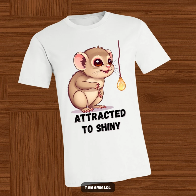 Funny t-shirt featuring a tamarin batting playfully at a dangling, sparkling object, embodying curiosity and mischievous fun.