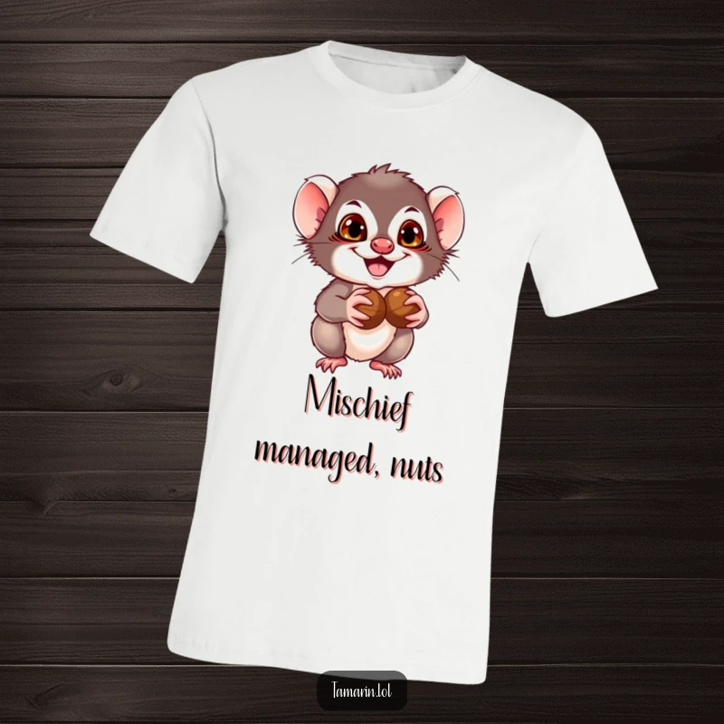 Funny Tamarin T-Shirt: Features a tamarin with a wide, mischievous grin clutching two nuts, radiating playful energy.