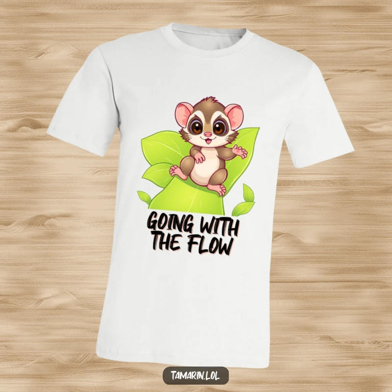 Funny tamarin t-shirt, depicting an excited tamarin with wide eyes joyfully sliding down a vibrant, leafy green slide, symbolizing pure adventure.