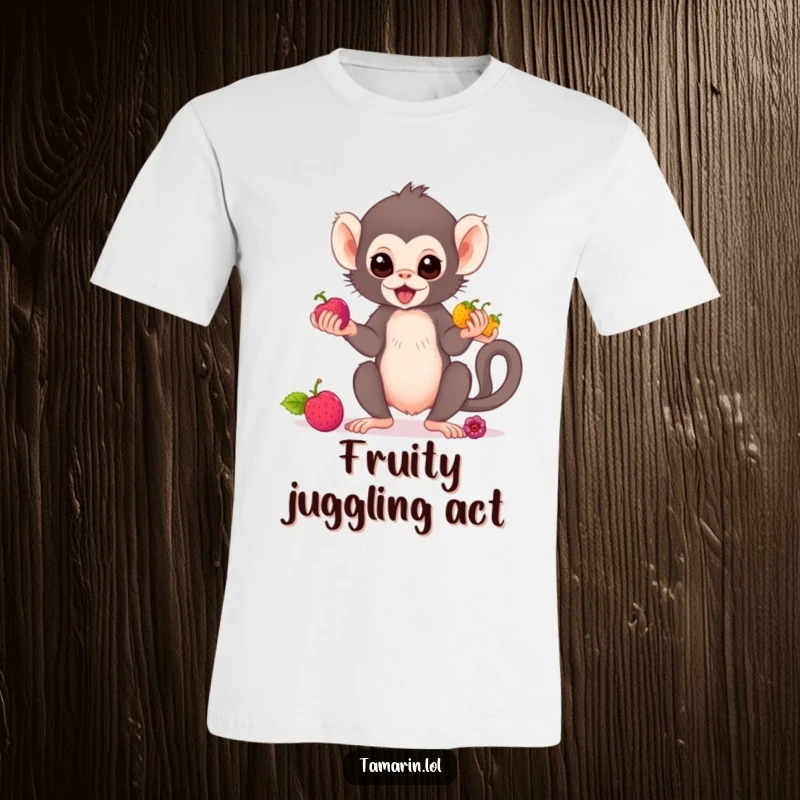 Funny tamarin monkey t-shirt featuring a cute primate expertly juggling colorful berries, highlighting skill and playful antics.
