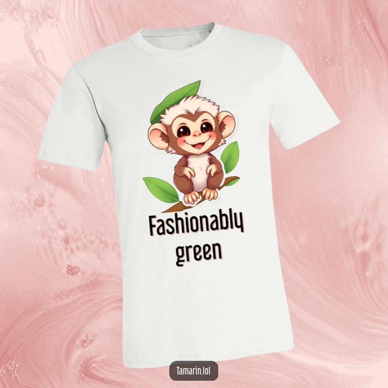 Funny tamarin monkey t-shirt showing a smiling primate wearing a leaf as a hat, exuding woodland charm and humor.