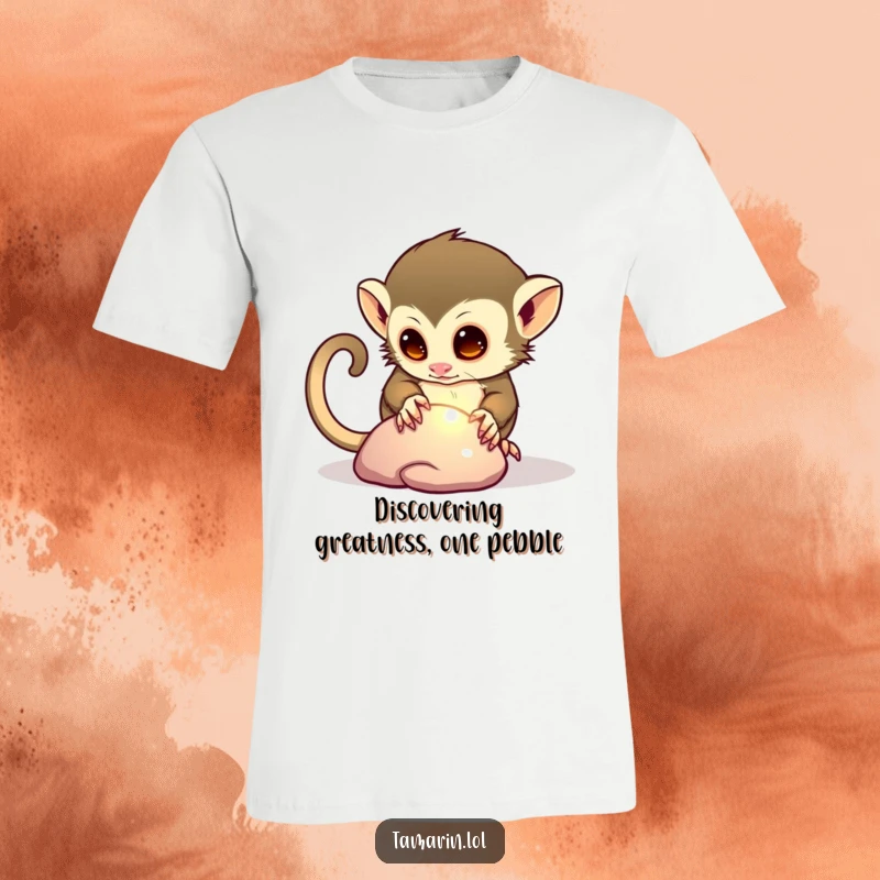 Funny t-shirt with a curious tamarin character examining a shiny pebble, illustrating a moment of focused, humorous discovery.