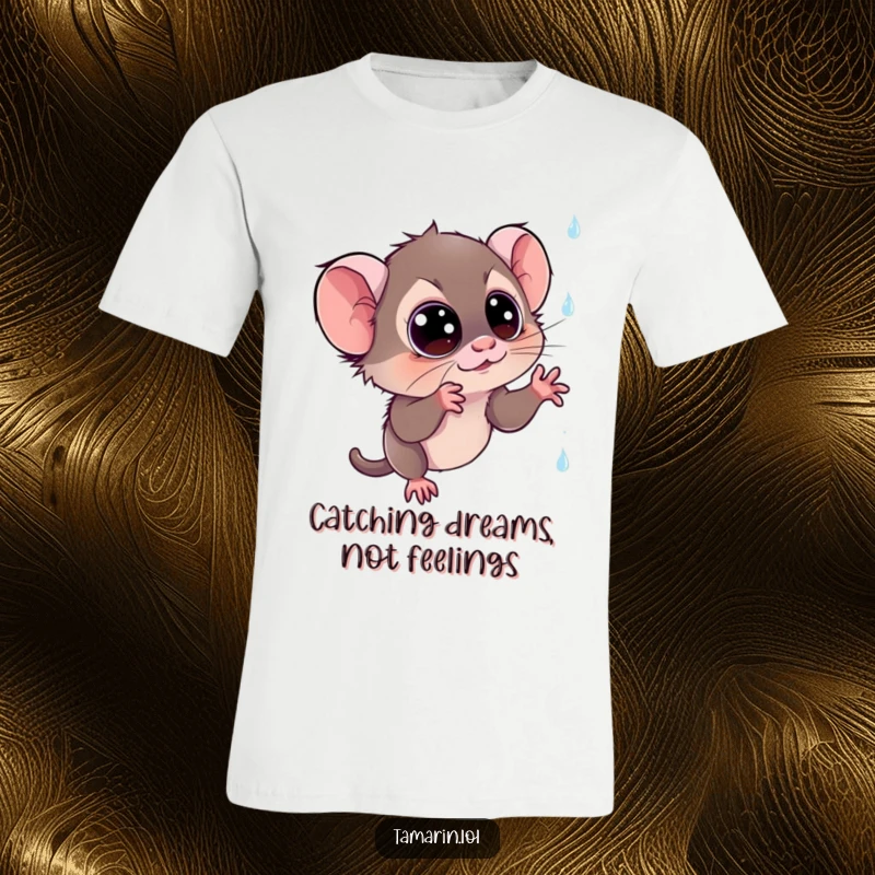 Funny tamarin t-shirt: a wide-eyed monkey with an open mouth attempting to catch glittering, star-like rain showering down, full of awe.