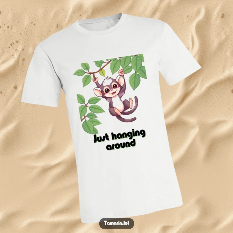 Funny T-Shirt with a cute tamarin character swinging from a vine, capturing jungle fun and playful energy.
