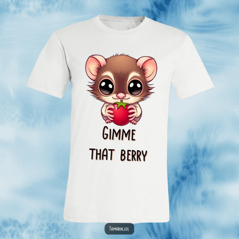 Funny t-shirt featuring a wide-eyed tamarin with an intense focus on a juicy berry, expressing pure delight, a great funny gift for monkey fans.