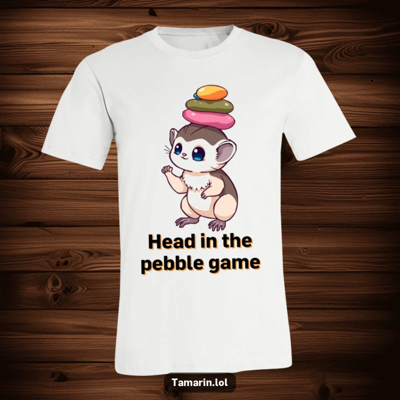 Funny tamarin t-shirt: a determined monkey wearing a t-shirt, perfectly balancing a precarious tower of colorful, shiny pebbles on its head.