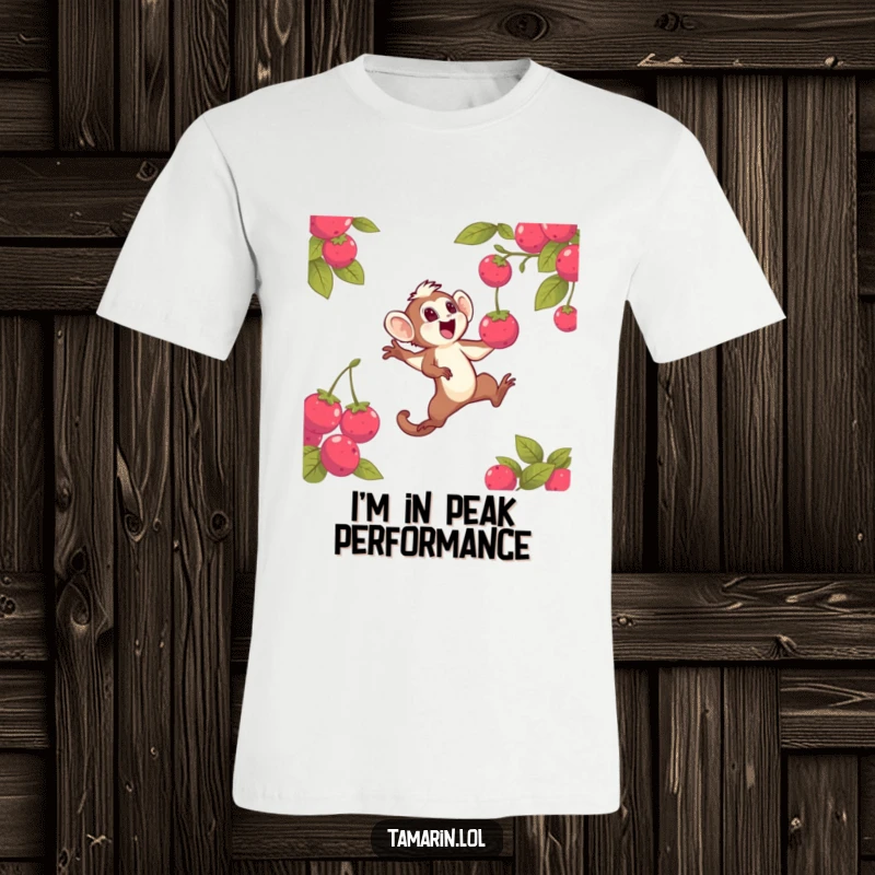 Funny t-shirt of an agile tamarin character mid-air, excitedly reaching for a bright, falling berry, embodying pure playful energy and fruity determination.
