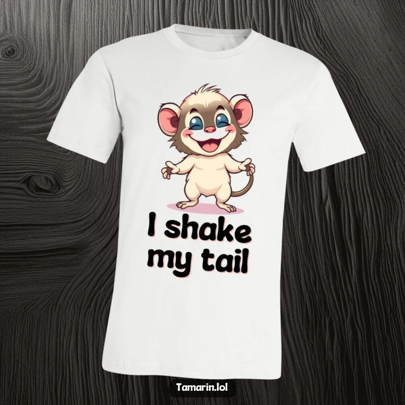 Funny tamarin t-shirt shows a lively monkey doing a silly, bouncy dance with a huge, infectious grin.