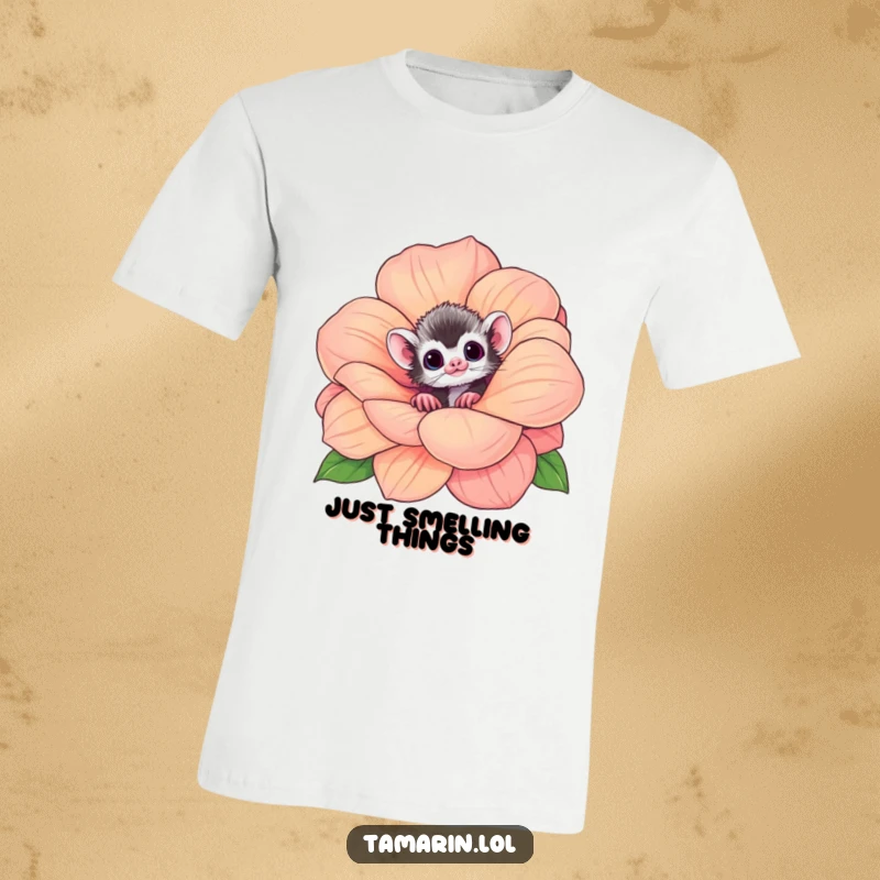 Funny tamarin t-shirt with a curious monkey peeking out from a large, sweet-smelling flower, a delightful graphic.