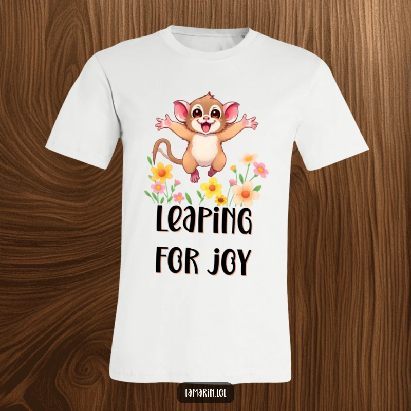 Funny t-shirt featuring a tamarin with arms wide open, leaping through colorful flowers, depicting playful and energetic animal fun.
