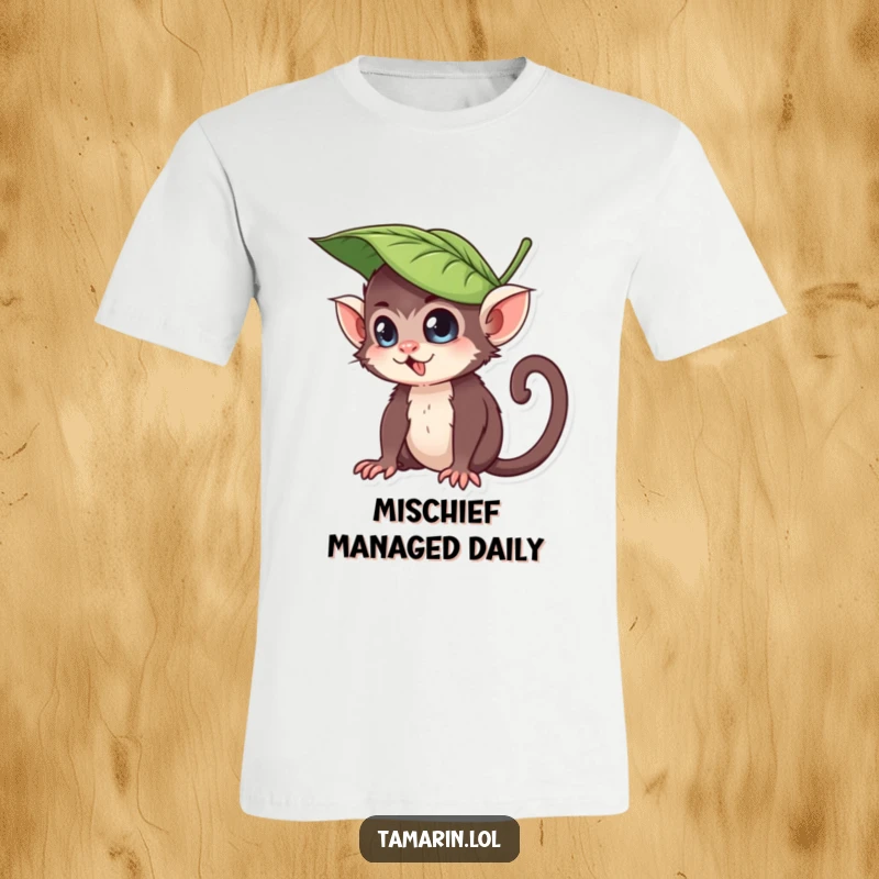 Funny t-shirt depicting a tamarin character humorously wearing a leaf for a hat, with a playful, mischievous smirk, perfect for lighthearted fun.