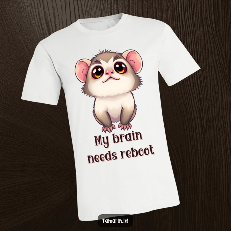 Funny tamarin t-shirt showcasing a cute monkey with large, curious eyes, looking up with an expression of innocent wonder and delight.