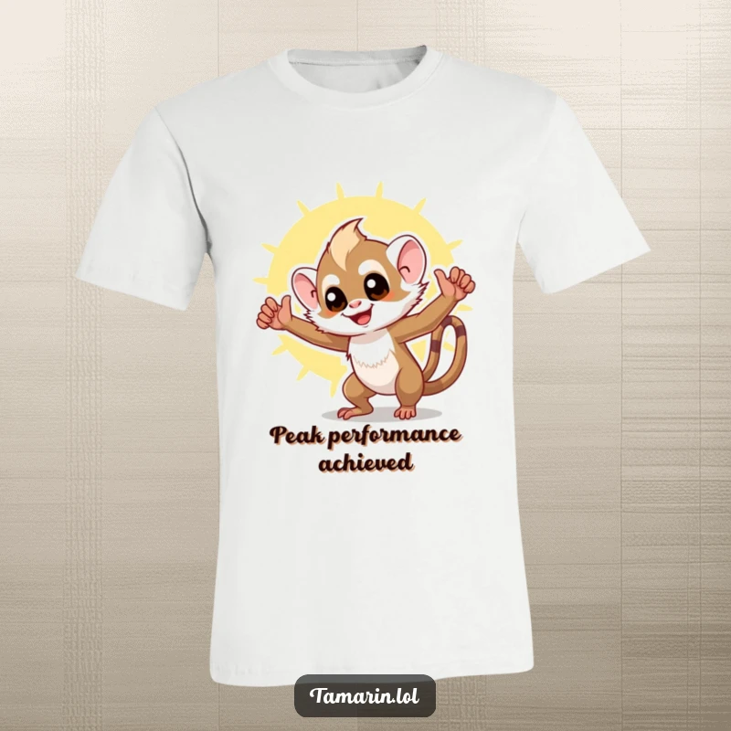 Funny tamarin t-shirt showcasing a joyful monkey striking a triumphant pose on a bright, sunny day, perfect for a cheerful look.