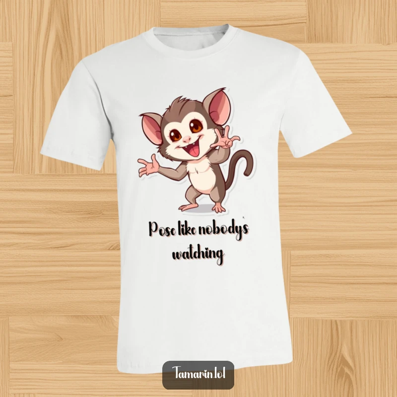 Funny t-shirt showcasing a tamarin striking a ridiculously dramatic and flamboyant pose with theatrical flair.