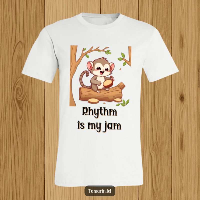 Funny tamarin drummer t-shirt, a cheerful monkey enthusiastically playing drums on hollow logs, showcasing wild energy and musical passion.