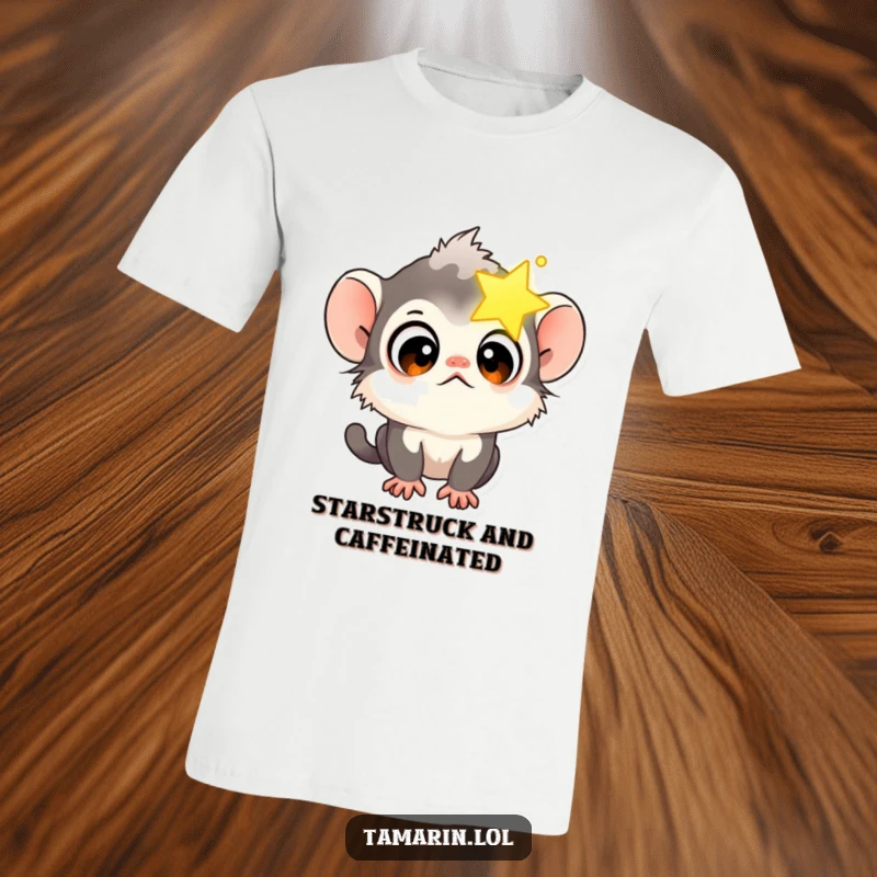 Funny Tamarin Star Gazer T-Shirt featuring a curious tamarin monkey with big eyes looking at a glowing star.