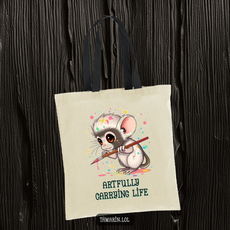 Funny tamarin tote bag, designed with a tamarin artistically splattering paint, perfect for carrying art supplies with creative flair.