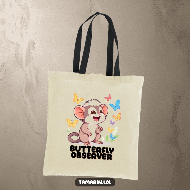 Funny Tamarin Tote Bag featuring character giggling while watching colorful butterflies flutter by, perfect for shopping.