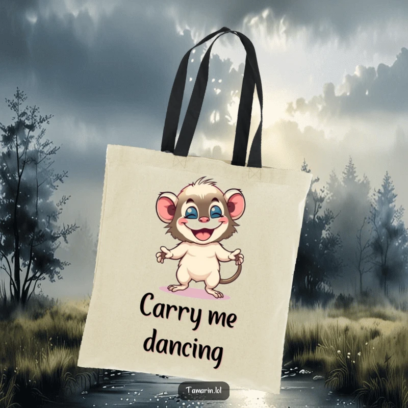 Funny tamarin tote bag depicts a small, happy monkey doing a bouncy dance with an enormous, joyful smile.