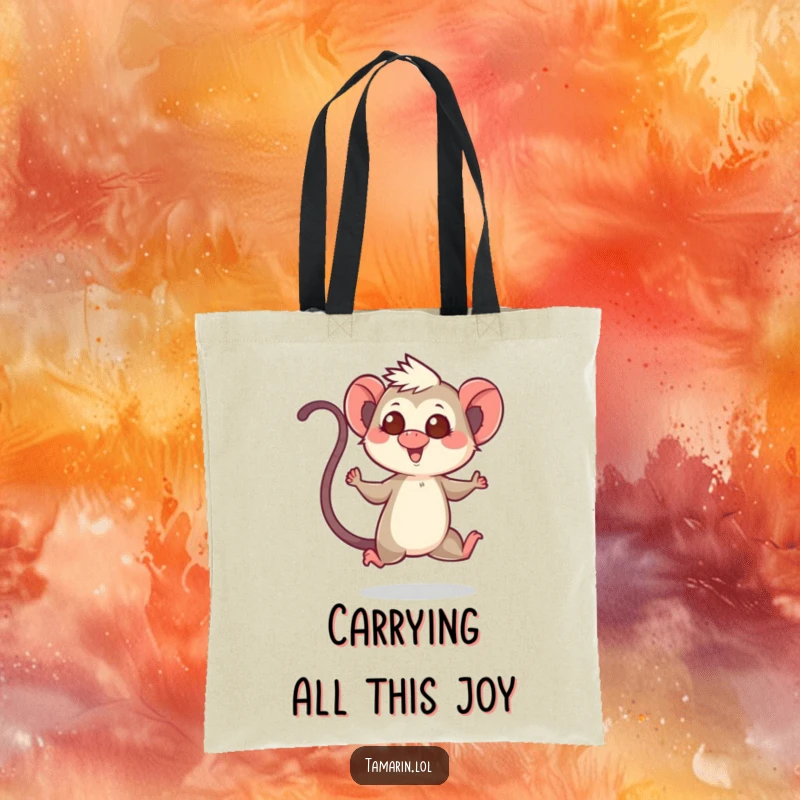 Funny tote bag depicting a tamarin character performing a cheerful hop with its tail raised high, embodying spontaneous joy.