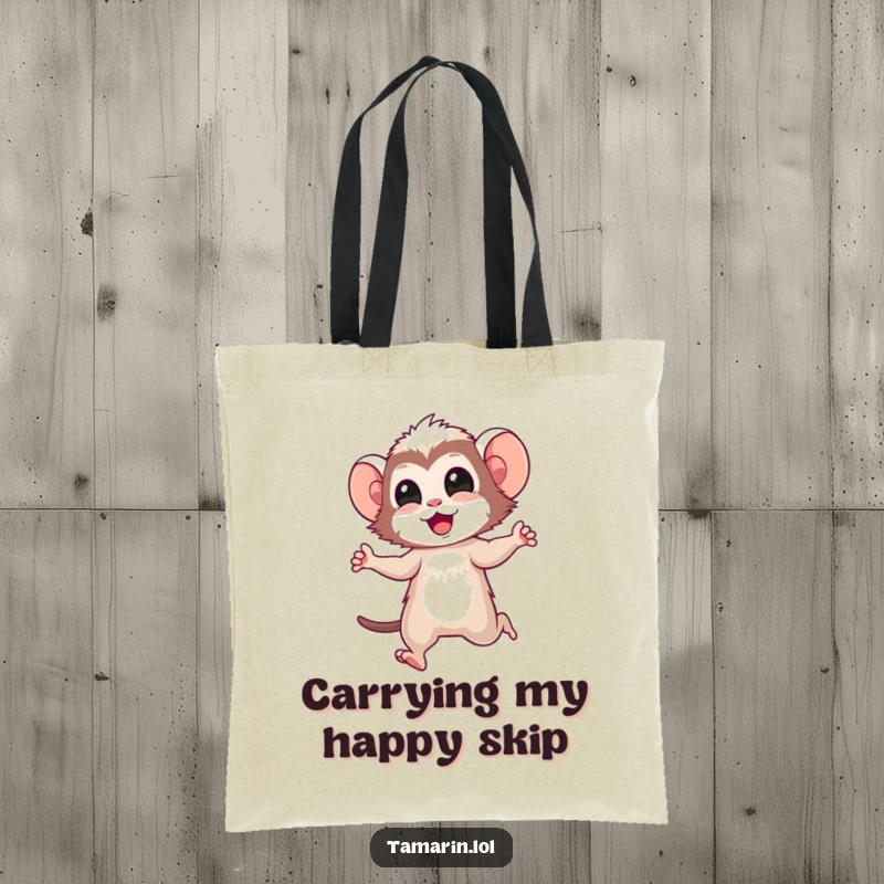 Funny tamarin tote bag with a cheerful tamarin character doing a lively skip, perfect for carrying treasures and spreading smiles.