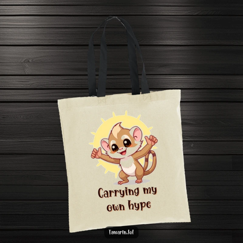 Funny tamarin tote bag with a triumphant monkey striking a proud pose, set against a bright and sunny background, practical and humorous.