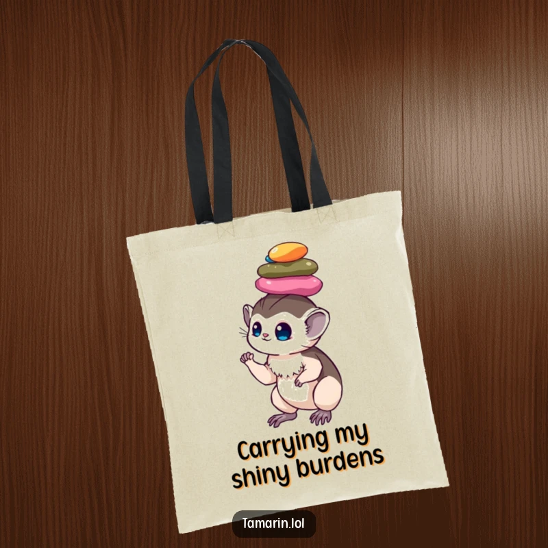 Funny tamarin tote bag: a durable tote featuring a talented monkey balancing a stack of colorful pebbles on its head, perfect for carrying items.