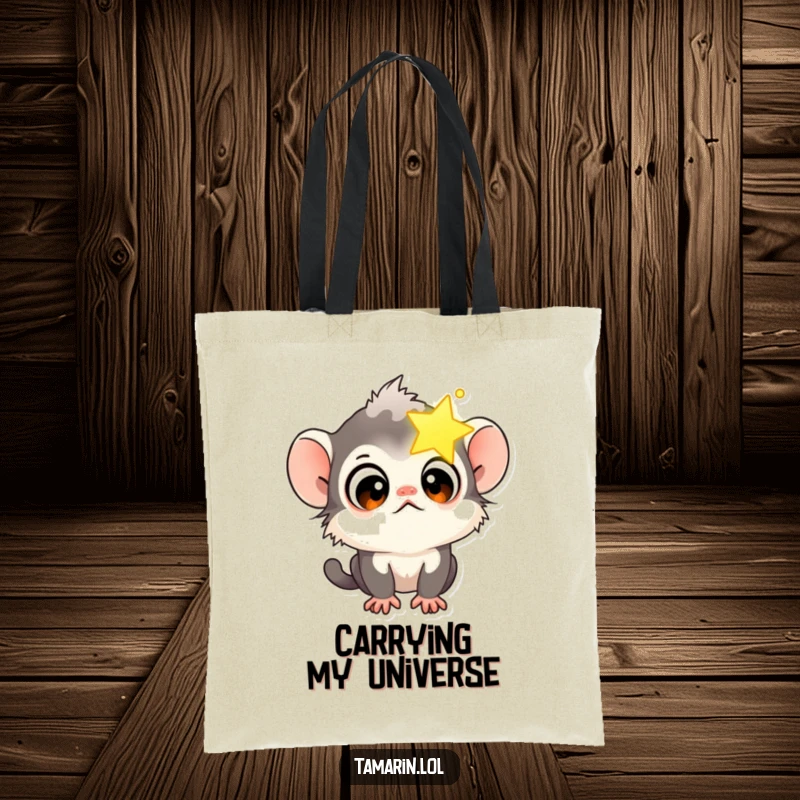 Funny Tamarin Star Gazer Tote Bag with a curious tamarin monkey gazing wide-eyed at a glowing star.