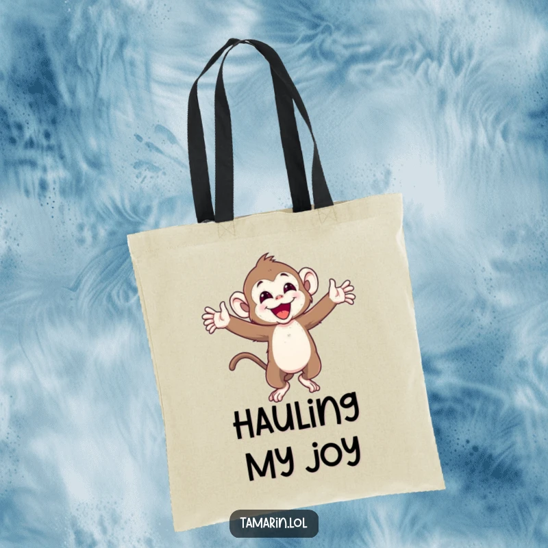 Funny tote bag with a joyful tamarin monkey with arms wide, spinning around, symbolizing happiness and carefree fun.