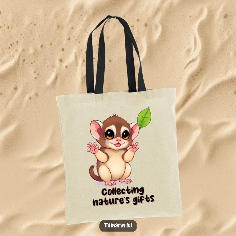Funny Leaf-Catching Tamarin Tote Bag: A charming tote featuring a monkey playfully reaching for a falling leaf, perfect for everyday use.