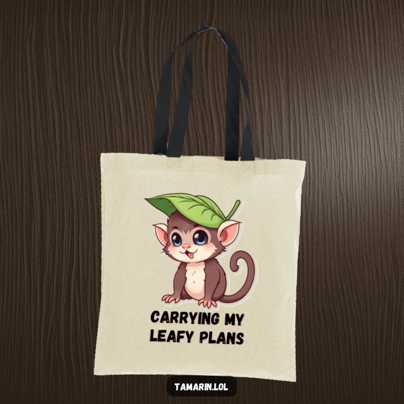 Funny tote bag featuring a tamarin character humorously adorned with a leaf hat, exuding a playful and mischievous aura, perfect for carrying essentials.