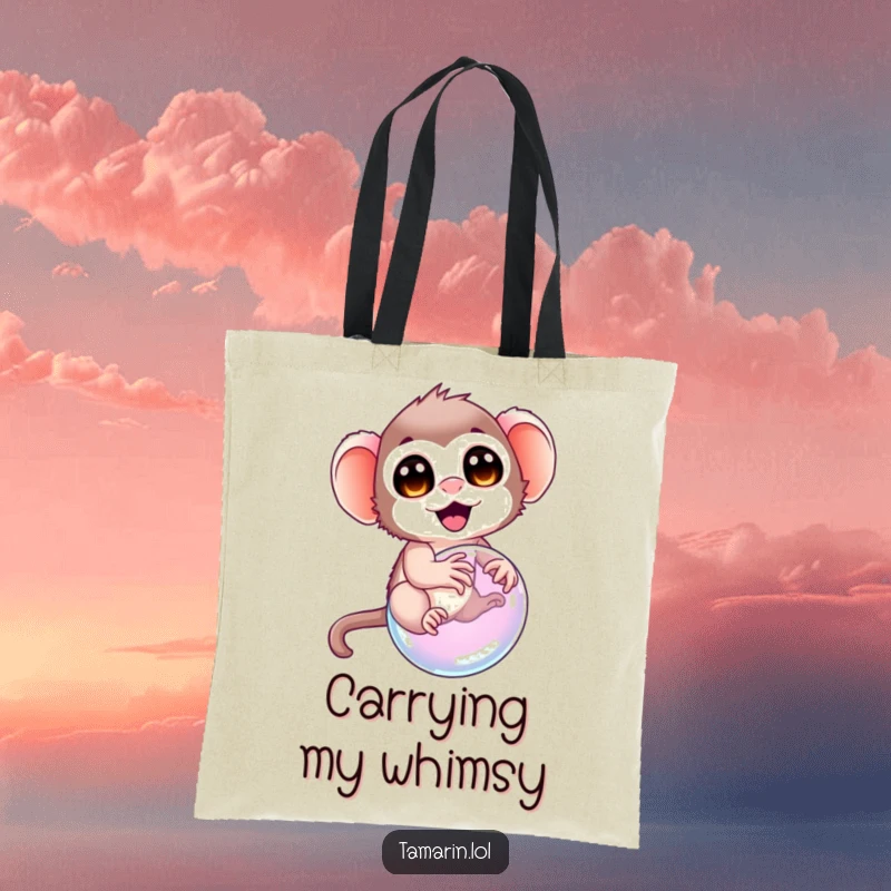 Funny tamarin tote bag, designed with a tamarin with delighted eyes trying to ride a bubble, perfect for carrying treasures with whimsical flair.