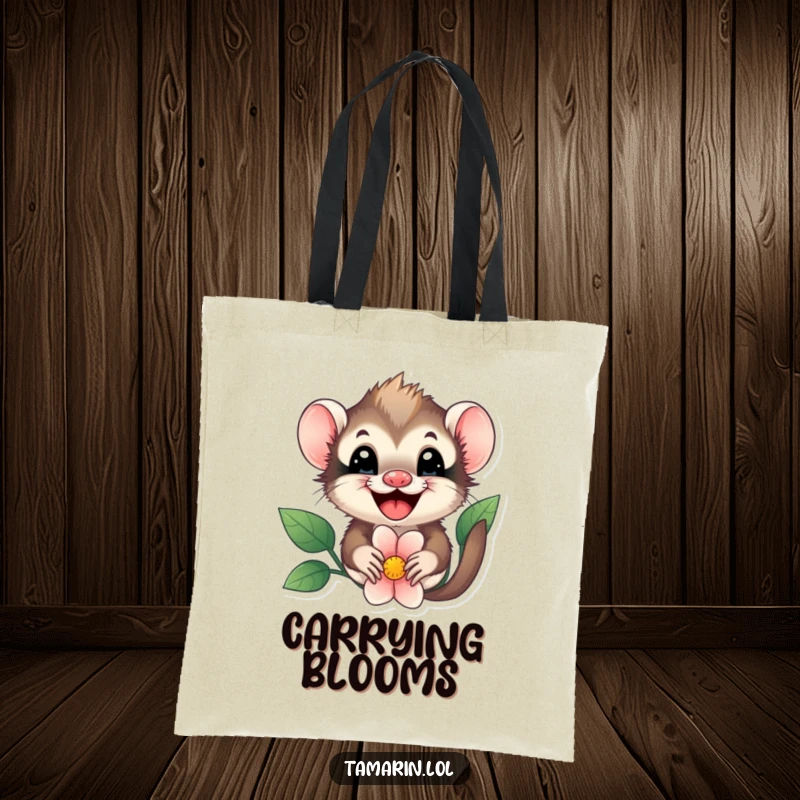 Funny tamarin flower peek tote bag, a cute tamarin joyfully peeking from behind a flower, ready to carry your belongings.