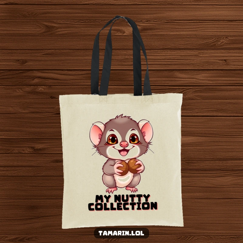 Funny Tamarin Tote Bag: Features a tamarin with a mischievous grin holding nuts, ideal for carrying essentials with a playful touch.