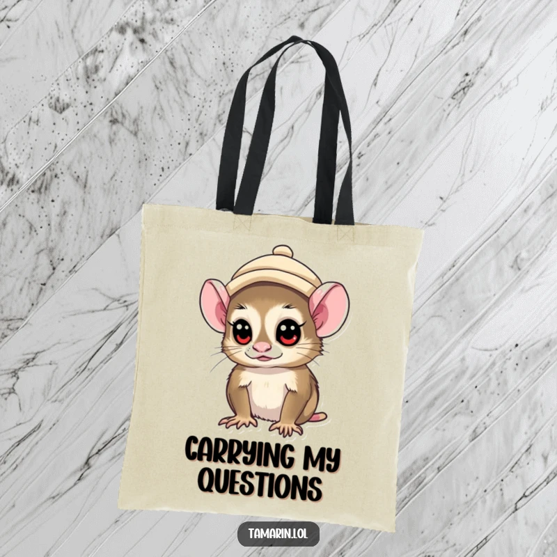 Funny tamarin monkey wearing a tiny hat, with a curious gaze, printed on a durable tote bag.