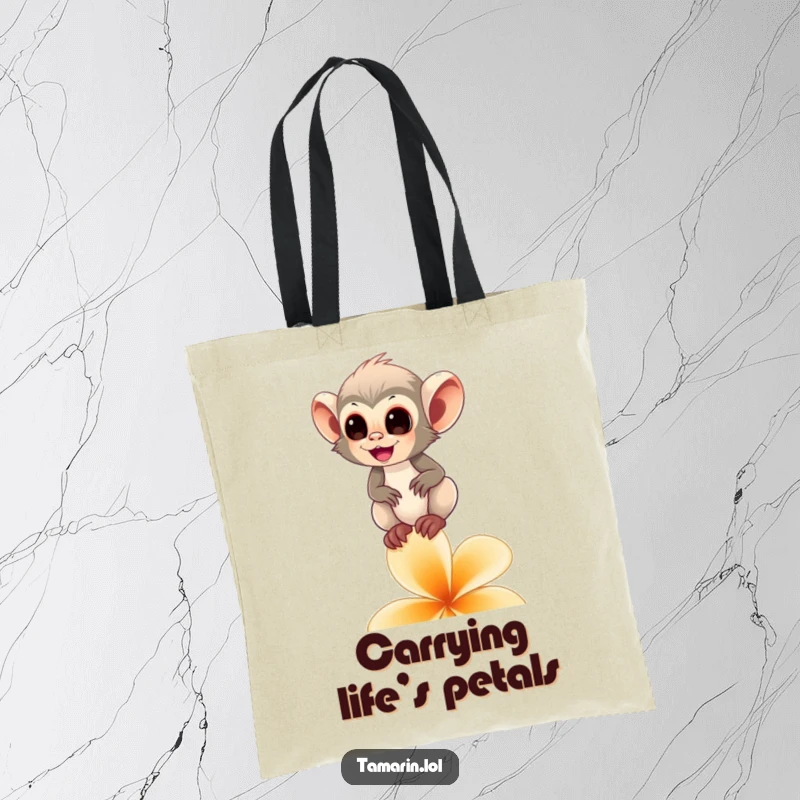 Funny tamarin monkey tote bag featuring a happy primate balancing on a flower petal, ideal for carrying items with charm.