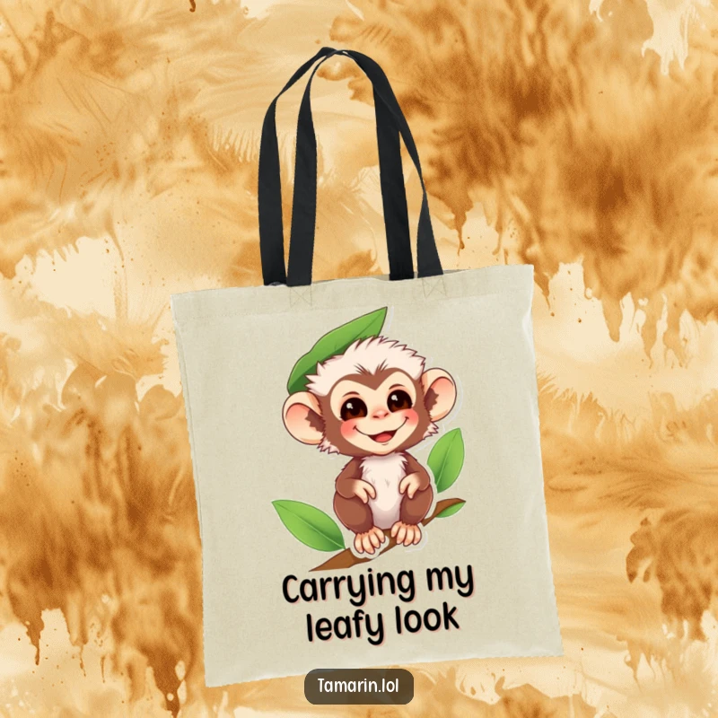 Funny tamarin monkey tote bag featuring a smiling primate wearing a leaf hat, perfect for carrying items with woodland humor.